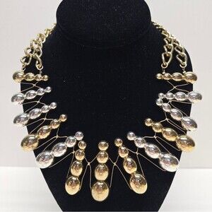 Vintage 90s Bib Statement Necklace Gold & Silver Tone Half Beads Double Chain